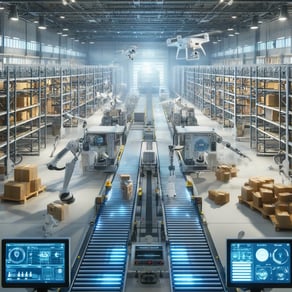  image depicting a futuristic warehouse interior with advanced automation technology. This visualization showcases autonomous robots, high-speed conveyor belts, overhead drones, and a modern industrial environment optimized for efficiency and technology.