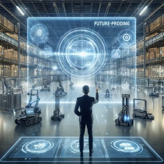  image representing the future-proofing of warehouse operations with SkuNexus. It features a state-of-the-art warehouse equipped with advanced automation technology and a business leader interacting with futuristic analytics, capturing the essence of modern, forward-thinking warehouse management.