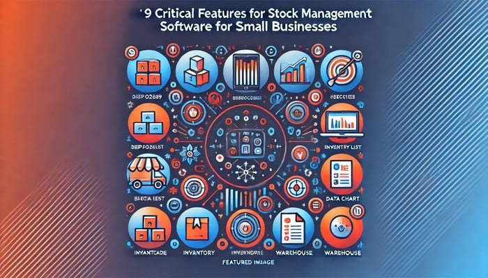 Featured image for the guide '2024’s Best Stock Management Software for Small Business' showing clear text with a modern design incorporating inventory management elements like barcodes and graphs, optimized for small business inventory management and stock control software.