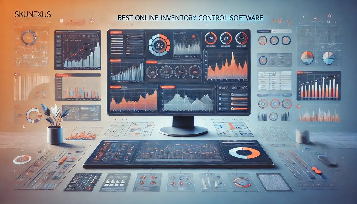 odern workspace featuring a computer screen with an online inventory control software dashboard. The dashboard displays graphs, charts, and inventory lists, highlighting data management and analytics. The interface is set against a gradient background from light blue to dark blue/purple. Icons and smaller screens around the main display show various inventory control tasks like order processing, stock levels, and product tracking. The title text 'Best Online Inventory Control Software' is prominent, emphasizing the guide's focus on top software solutions for inventory management.