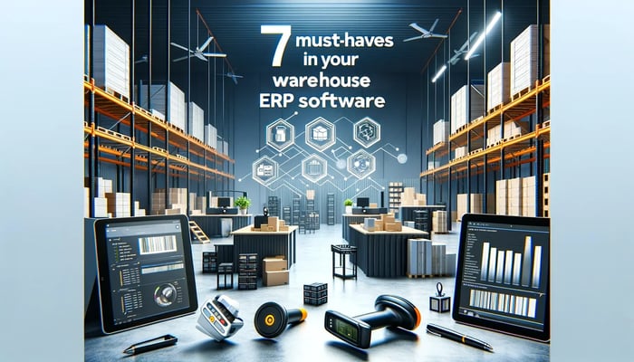 Modern warehouse setting with advanced technology, organized shelves, and the title '7 Must-Haves in Your Warehouse ERP Software' displayed prominently. The image includes elements like barcode scanners, tablets, and automated systems, highlighting the importance of ERP software in warehouse management