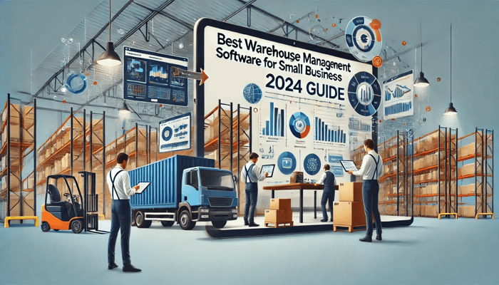 Modern warehouse setting with workers using tablets and mobile devices, illustrating the capabilities of the best warehouse management software for small businesses in 2024. The image highlights efficient inventory management, order fulfillment automation, and seamless integration with software interfaces. Includes bold text: 'Best Warehouse Management Software for Small Businesses: 2024 Guide.' Integrates brand colors for SkuNexus.