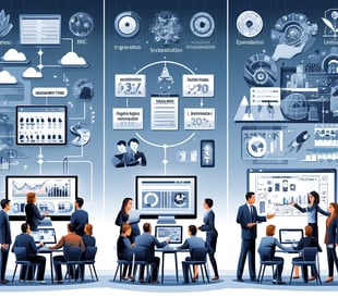  image depicting the implementation process of SkuNexus in a business. It visually guides you through the initial setup and integration, training sessions, and discussions on pricing and value, highlighting key phases and activities involved.