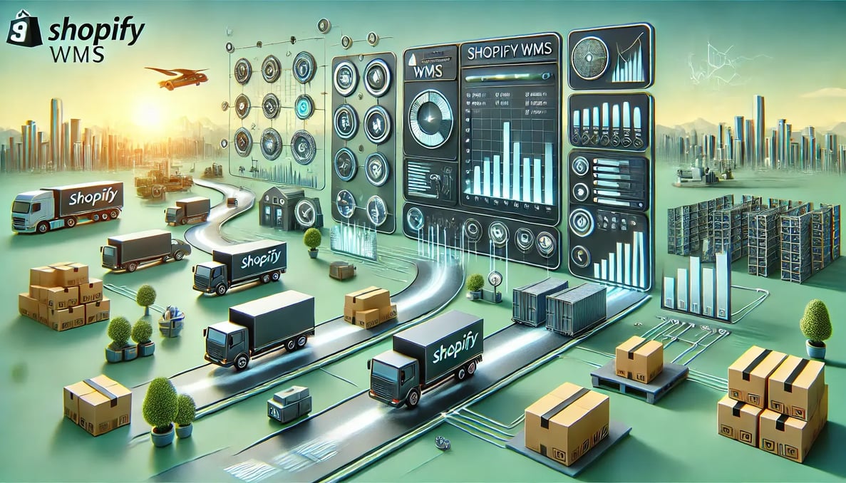 Visual representation of Shopify WMS showcasing real-time inventory management, automated order workflows, and seamless multi-channel eCommerce fulfillment. The image highlights stacked product boxes, barcode scanning, data dashboards, delivery trucks, and automated warehouse operations, symbolizing the power of Shopify WMS to optimize operations and scale efficiently