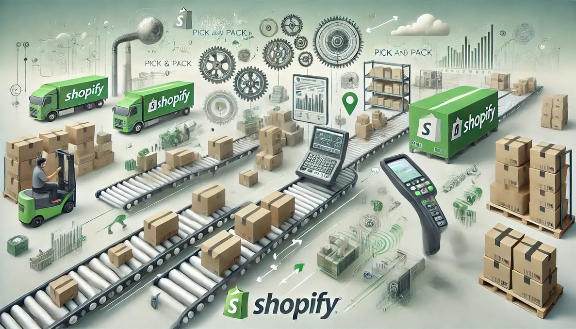 reflects the Shopify pick and pack workflow, showcasing automation, efficiency, and precision in a dynamic warehouse setting