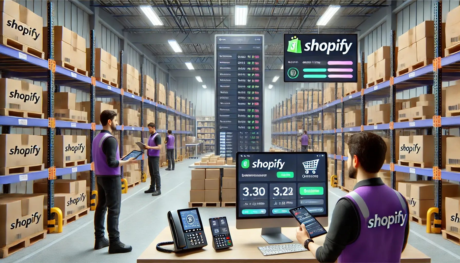 An expansive, modern warehouse is depicted with rows of neatly organized shelves and boxes. Workers in uniforms with colors of dark purple, bright orange, light blue, and red are using handheld scanners and tablets, efficiently managing inventory. Prominently, a computer screen displays Shopify's interface with real-time inventory updates and order management systems. The warehouse is brightly lit, showcasing clear signage for different sections, and exudes an atmosphere of busy but orderly operations. The integration of advanced technology and the vibrant brand colors throughout the workers' uniforms, signage, and interface screens emphasize a seamless, high-tech warehouse management environment.