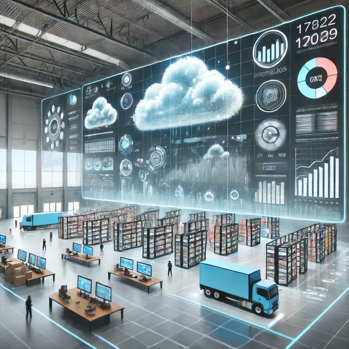 Featured image for SkuNexus's guide on cloud-based inventory tracking, showcasing a modern warehouse with a digital dashboard displaying real-time inventory metrics and analytics, with bold text stating 'SkuNexus: The Best Cloud-Based Inventory Tracking' and brand colors integrated into the design