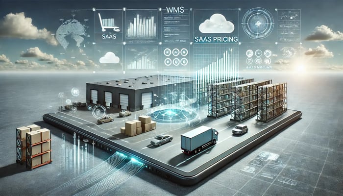 image designed to illustrate the WMS SaaS Pricing guide, incorporating elements like warehouse management, technology, automation, and pricing insights.