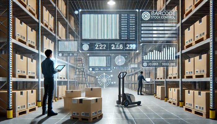 pdated image with a stronger focus on barcode technology. It highlights barcodes prominently in the warehouse environment, emphasizing the importance of barcode stock control software