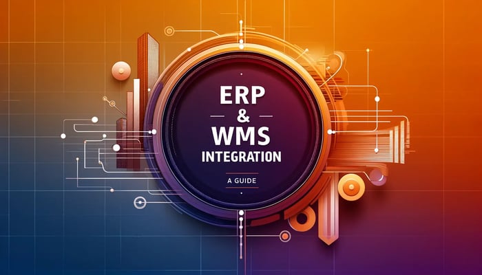 Vibrant and modern illustration for the guide 'Ultimate Guide to ERP WMS Integration' by SkuNexus, showcasing seamless connection of ERP and WMS systems for enhanced business efficiency