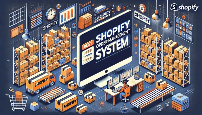 Featured image for SkuNexus guide titled 'Best Shopify Order Management System.' The image shows a busy eCommerce warehouse with shelves, boxes, and a computer screen displaying order management software. The text 'Best Shopify Order Management System' is prominently overlaid in bold, easy-to-read font, incorporating brand colors #1D0269, #FE9A03, #0AC1EF, and #DD4F16. The image emphasizes efficiency, automation, and real-time inventory management.