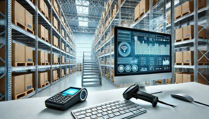  image created for your guide on computer inventory software with barcode scanner. It visually represents streamlined inventory management in a warehouse setting with barcode scanning and real-time software integration, highlighting the efficiency and tech-driven nature of SkuNexus!