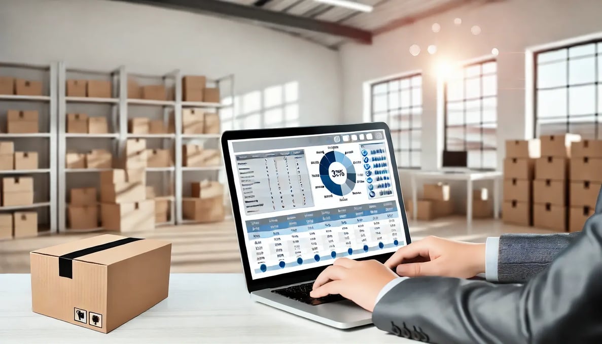 showcasing a small business owner using a cloud-based inventory management system in a modern office environment. It represents efficiency, real-time data, and seamless inventory operations, aligned with the core message of your guide.