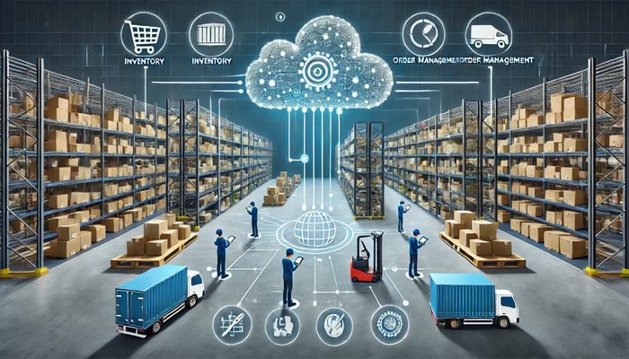 image for your guide on Cloud WMS for Ecommerce Warehousing and Fulfillment. It visually represents the seamless integration of technology, cloud systems, and modern warehouse operations.