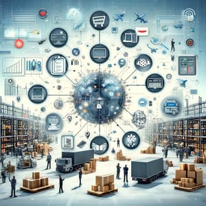 modern, technology-driven eCommerce environment focused on inventory, order, and warehouse management software. Various software tools and systems are interconnected, symbolizing efficiency and streamlined operations. Icons represent warehouses, inventory checklists, order tracking, and business growth charts. This visual highlights the advantages of Katana alternatives and competitors, showcasing how they can enhance business operations.