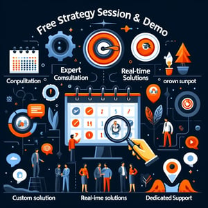 free strategy session and demo for SkuNexus, highlighting concepts like expert consultation, custom solutions, real-time solutions, and dedicated support