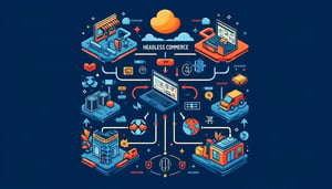 image illustrating the concept of "headless commerce," showing the separation of the frontend from the backend in an e-commerce system. The design highlights the distinct but interconnected nature of frontend user interfaces and backend data management, using your brand colors for a cohesive visual presentation.