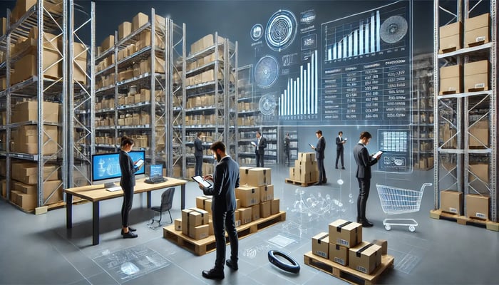 showcasing a modern eCommerce warehouse with advanced inventory management solutions. It emphasizes technology, automation, and efficiency, just like the strategies discussed in the guide