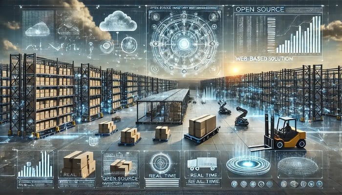 mage created for your guide on open source inventory management web-based solutions. It visually represents the tech-driven and scalable nature of such systems in a modern, futuristic warehouse setting