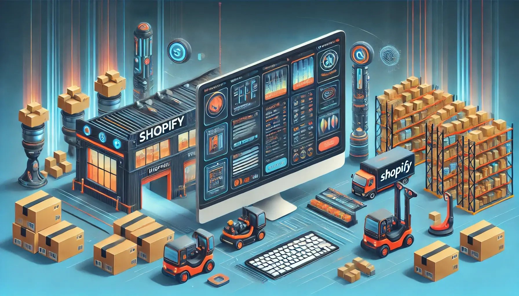 Futuristic eCommerce warehouse with advanced technology elements such as automated robots, a sleek computer interface displaying order management software, and seamless operations. The image features vibrant and modern colors, incorporating SkuNexus brand colors #1D0269 (dark blue), #FE9A03 (orange), #0AC1EF (cyan), and #DD4F16 (red), conveying innovation and efficiency in Shopify order management systems