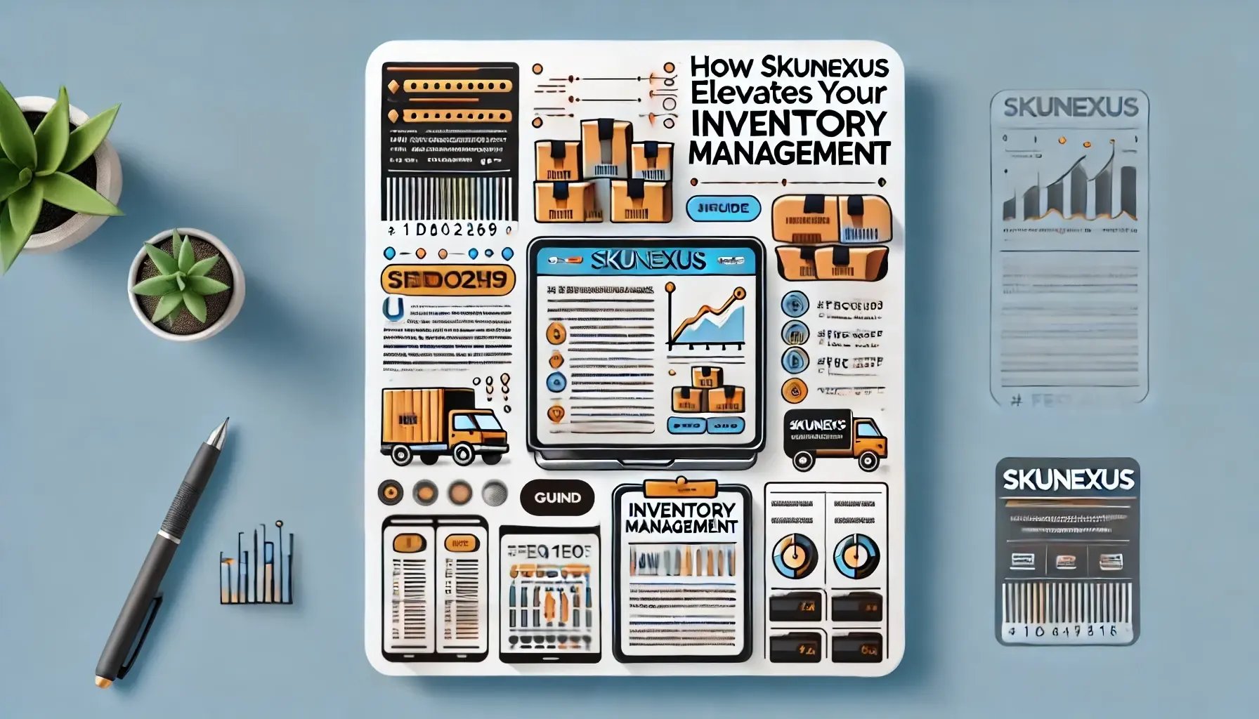 image for the guide titled 'Elevates Your Inventory Management' using brand colors dark blue, bright orange, light blue, and red, incorporating professional design elements such as barcodes, graphs, and stock items to represent advanced inventory management software for small businesses