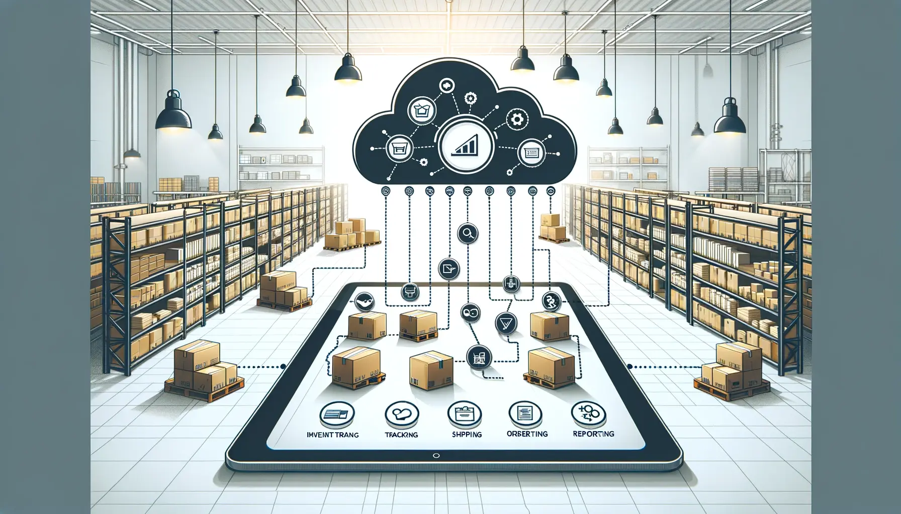 Illustration of a modern warehouse featuring organized shelves and a central tablet with a cloud interface, representing the SkuNexus cloud-based warehouse management system, highlighted with brand colors