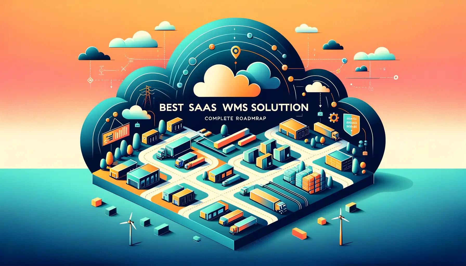 Featured image for the guide 'Best SaaS WMS Solution 2024 - Complete Roadmap.' The design is modern and clean, with a gradient background in brand colors (#1D0269, #FE9A03, #0AC1EF, #DD4F16). It includes elements like a roadmap, cloud icons, and warehouse symbols. The title is prominently displayed in a sleek, professional font.