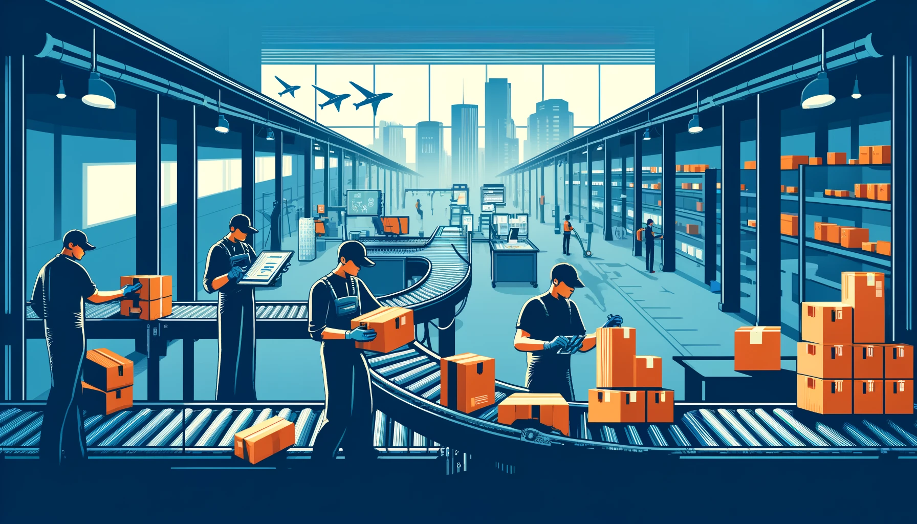 Dynamic warehouse scene showing workers efficiently organizing packages, with one using a handheld scanner and another packing a box. Conveyor belts move packages in the background, illustrating streamlined pick pack and ship operations