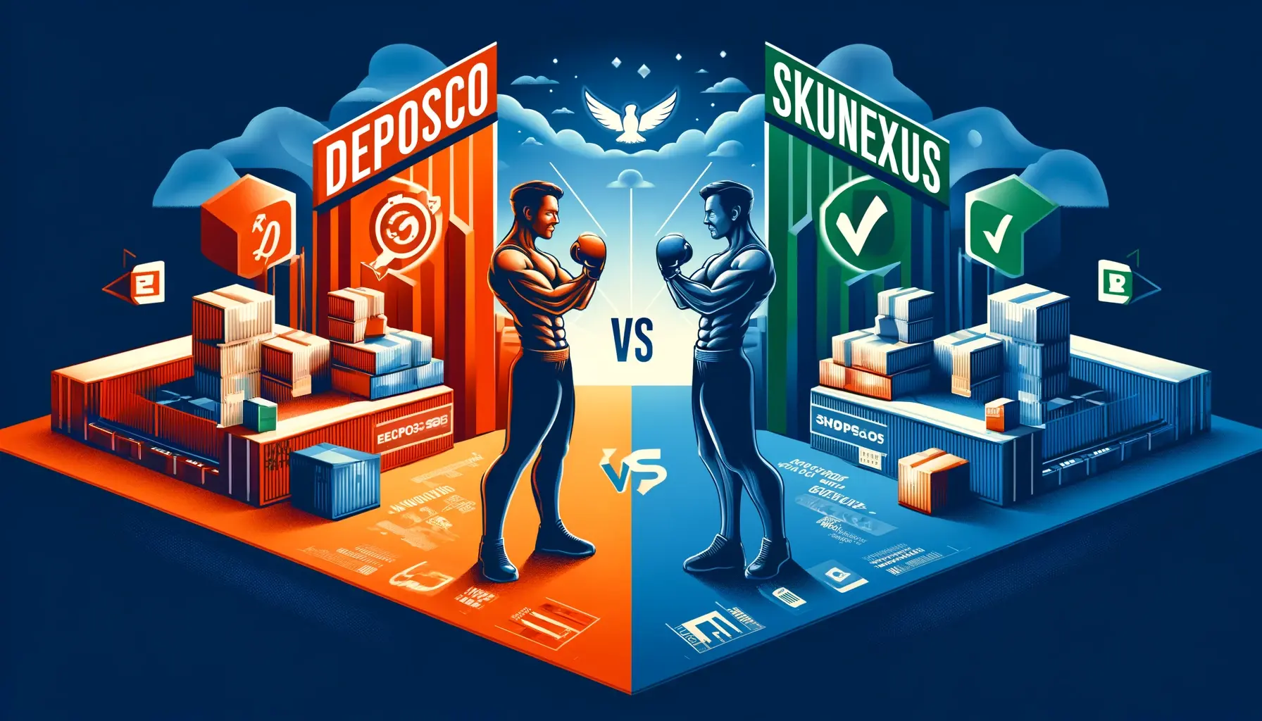 Dynamic illustration of a boxing match depicting SkuNexus knocking out Deposco, symbolizing SkuNexus as the superior choice among Deposco alternatives and competitors. The image showcases the strength and victory of SkuNexus with the text 