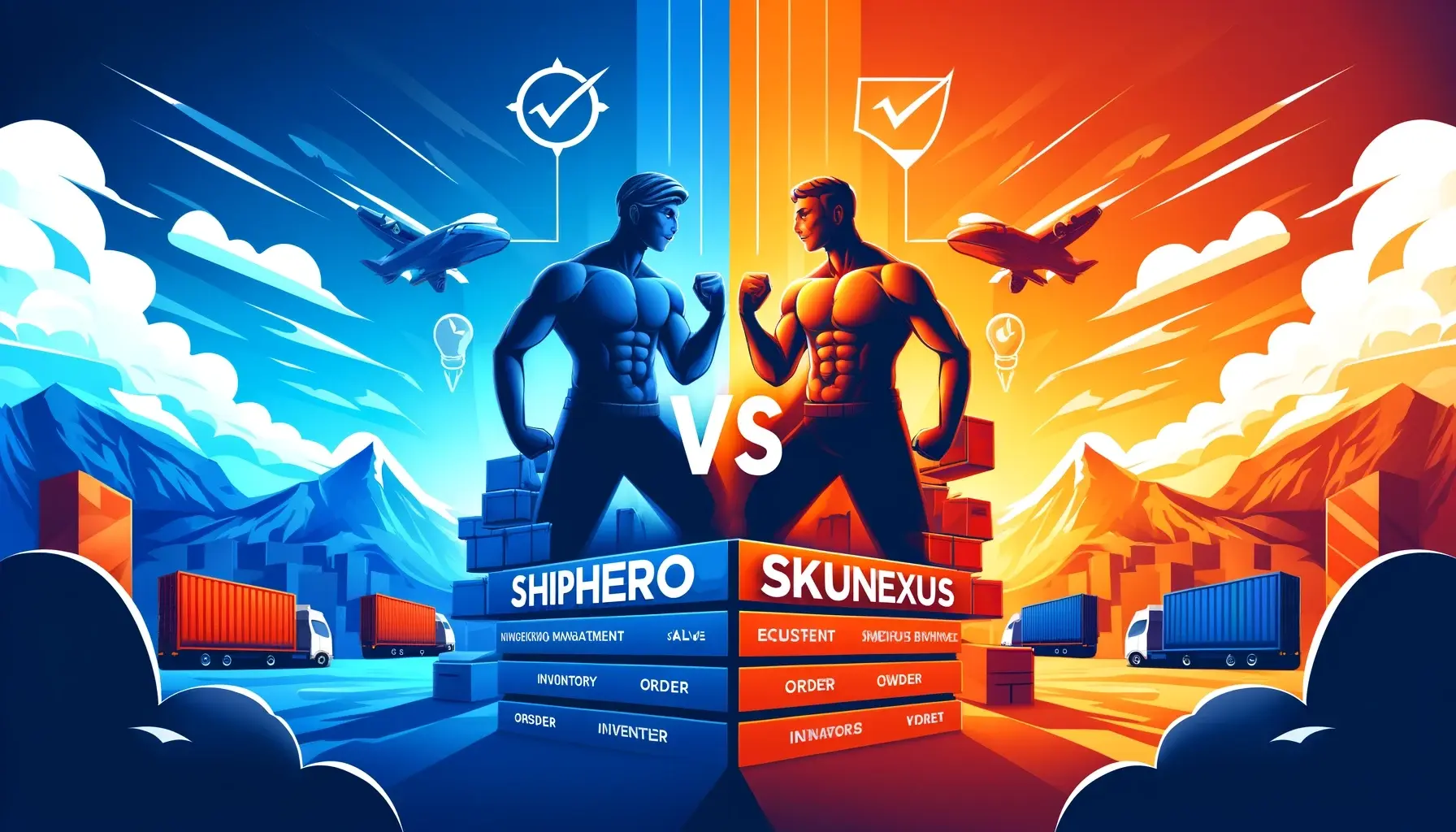 'Shiphero VS. SkuNexus' depicting a competitive showdown between the two software programs, highlighting SkuNexus as the superior choice among Shiphero alternatives and Shiphero competitors, using vibrant brand colors