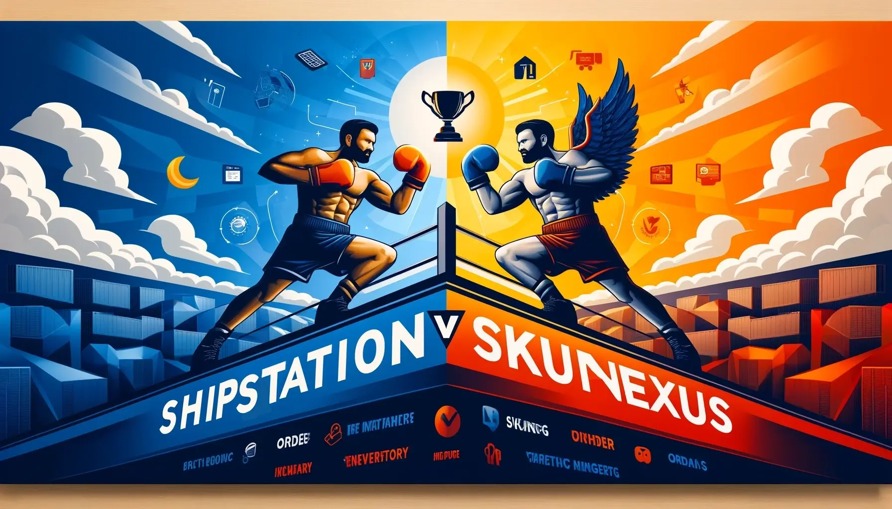 Dynamic scene of two software programs fighting, with SkuNexus portrayed as the clear winner over ShipStation. This image highlights SkuNexus as the superior choice among ShipStation alternatives and competitors, incorporating brand colors for enhanced visual appeal