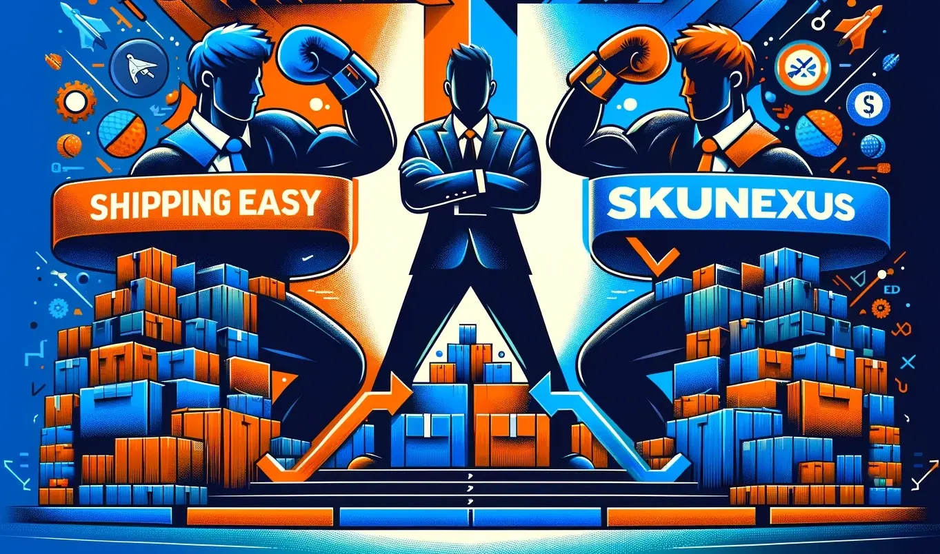 A dynamic landscape image depicting a boxing match where SkuNexus is knocking out ShippingEasy, showcasing SkuNexus as the superior alternative among ShippingEasy alternatives and competitors.