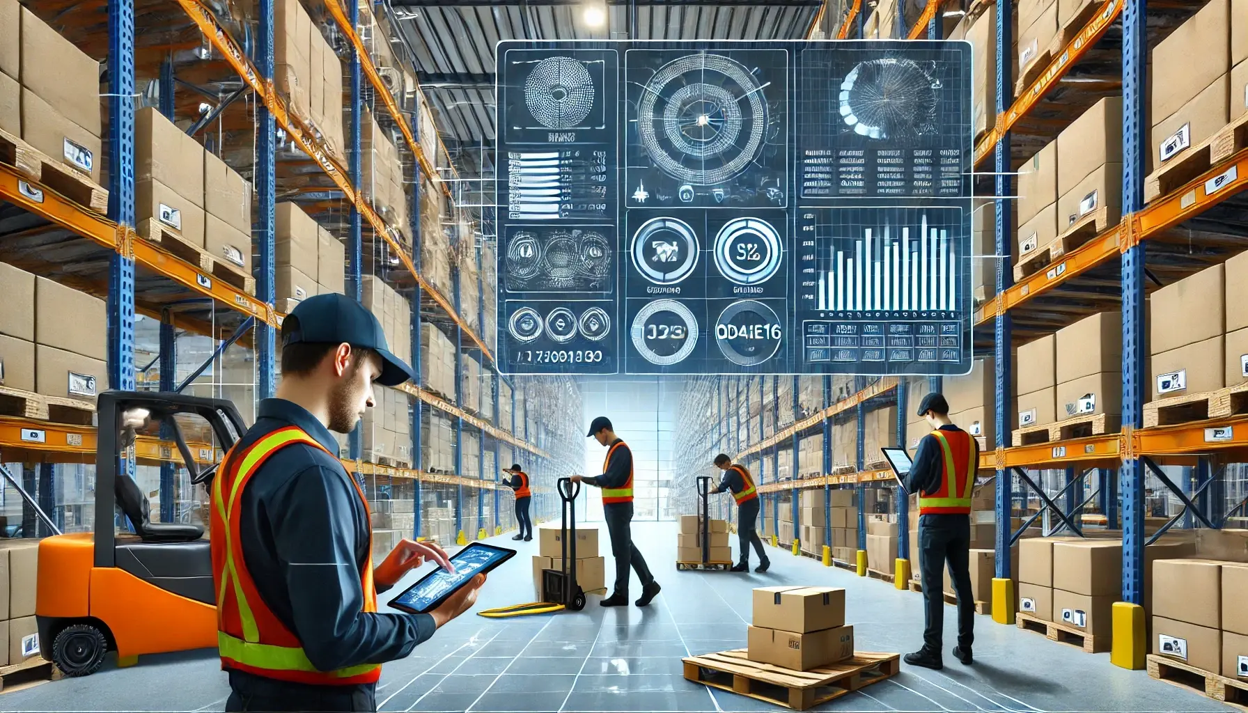 Modern warehouse with workers using tablets and barcode scanners, real-time inventory data displayed on a digital screen, and well-organized shelves, illustrating the efficiency of custom inventory management software. Elements such as digital screens, worker uniforms, and warehouse signage are optimized to reflect the integration of advanced inventory tracking and automation technologies.