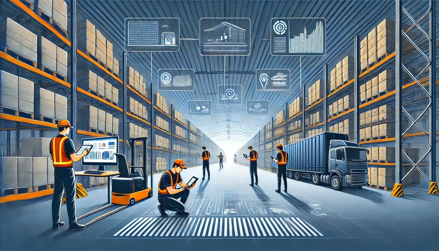 featured image for your guide on warehouse management inventory software. The design visually represents the connection between physical warehouse operations and inventory management technology while integrating key elements that reflect efficiency, modern technology, and seamless software integration. The image is ready to be used as a compelling visual anchor for your content.